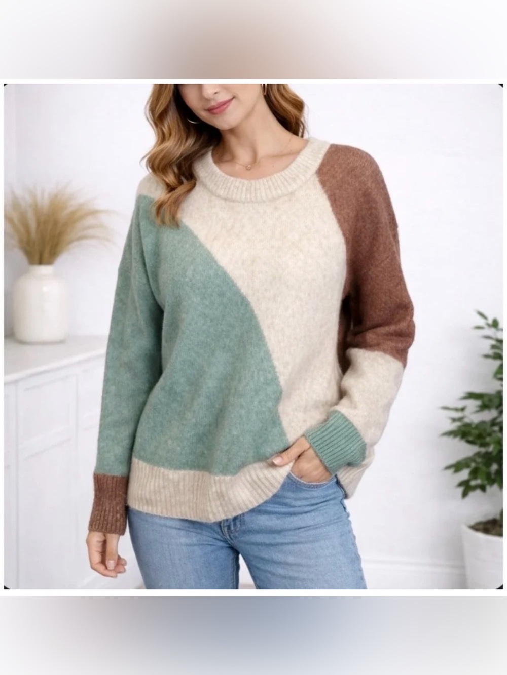 Madewell Colorblock Cozy Crewneck Sweater - Cream, Sage & Brown size: XS